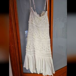 Free People One White Cotton and Lace Strappy Midi Sun Dress Size S